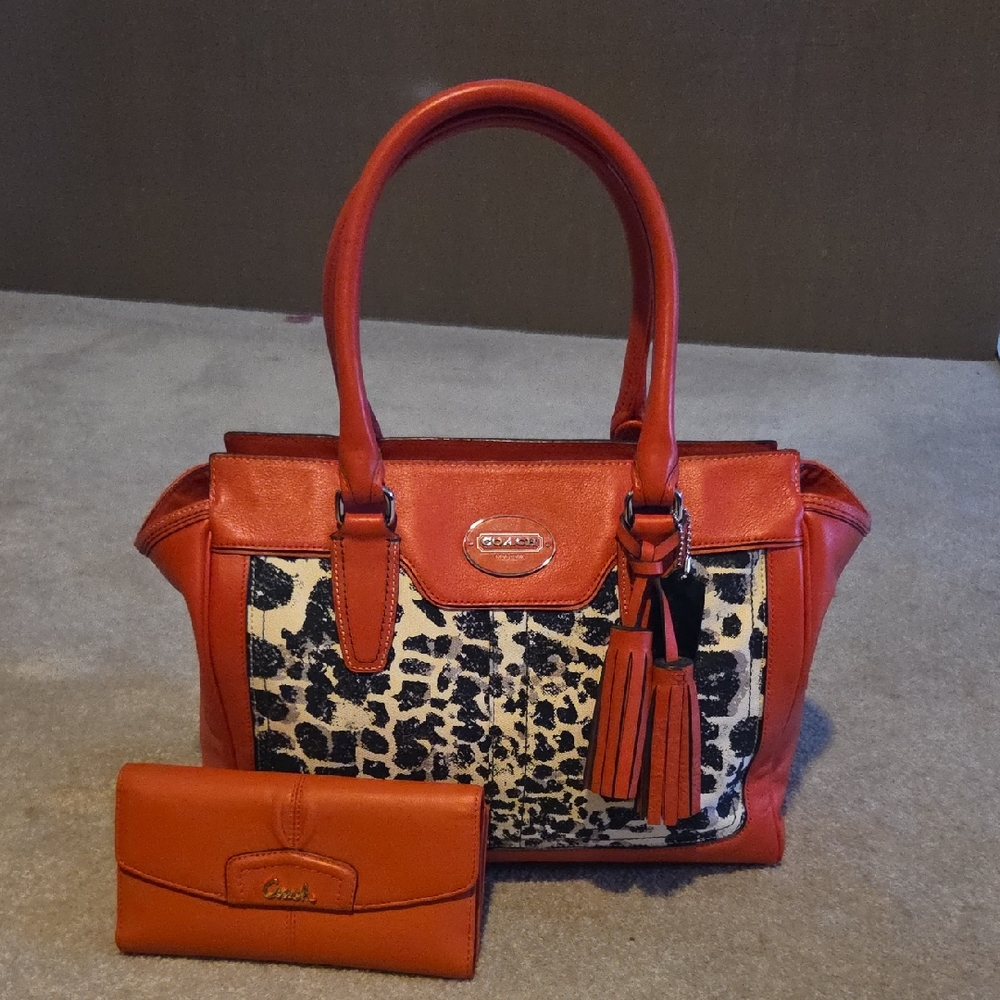 Coach Red and Black Animal Print Satchel and Wallet